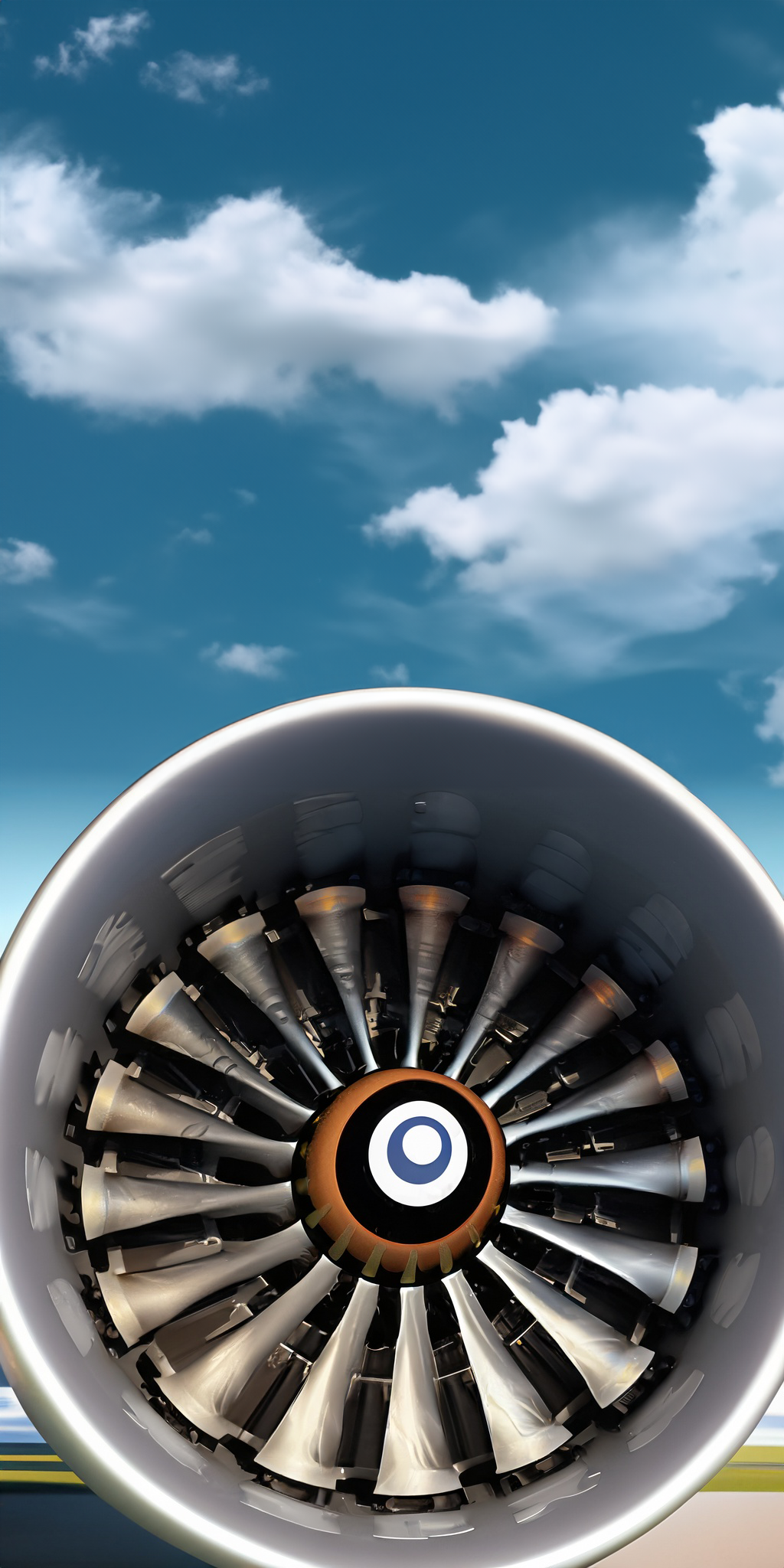 The front of a jet engine photographed from below against a clear blue sky.
