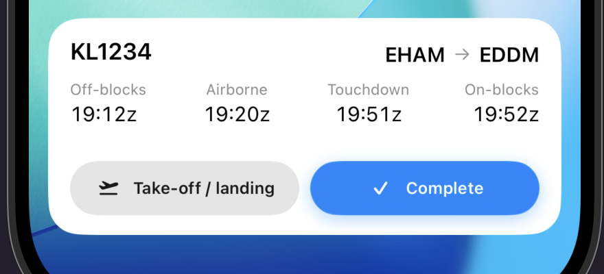 Jetlog Live Activity arrival card on the iPhone lock screen showing flight KL1234 touching down at EDDM and tracking on-blocks.
