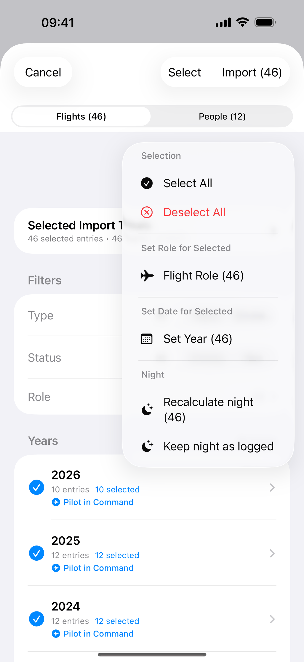 46 flights selected in the Jetlog import review, with bulk actions open: set role, set year and recalculate night for the whole selection.