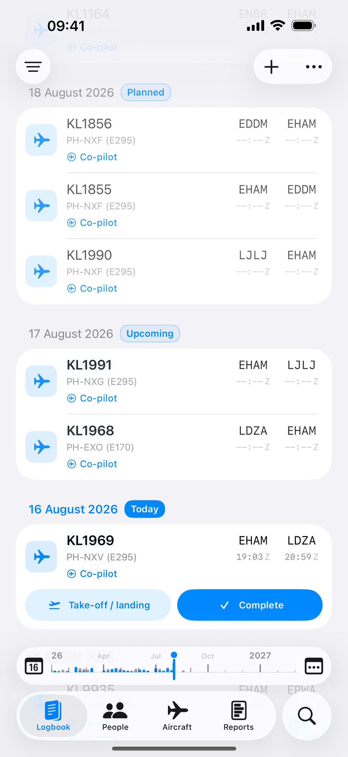 The result of an import: the Jetlog logbook filled with flights — times, registrations and crew roles in place.